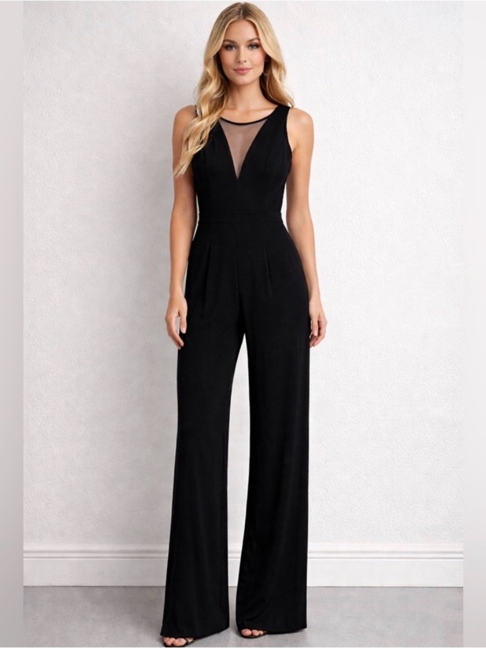 Night Way Collections Black Sleeveless Mesh-Inset Wide-Leg Jumpsuit